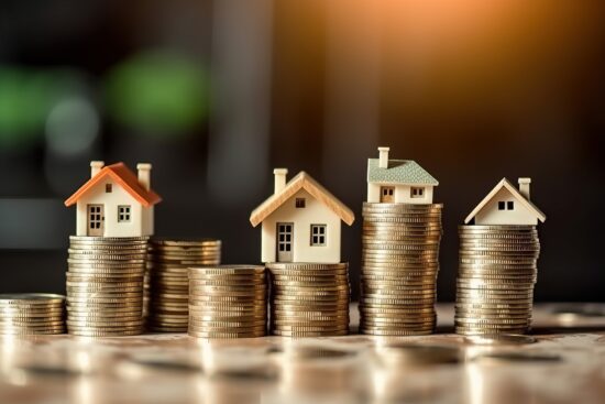Photo d'une idée créative d'investissement immobilier avec des pièces de monnaie et des maisons miniatures
